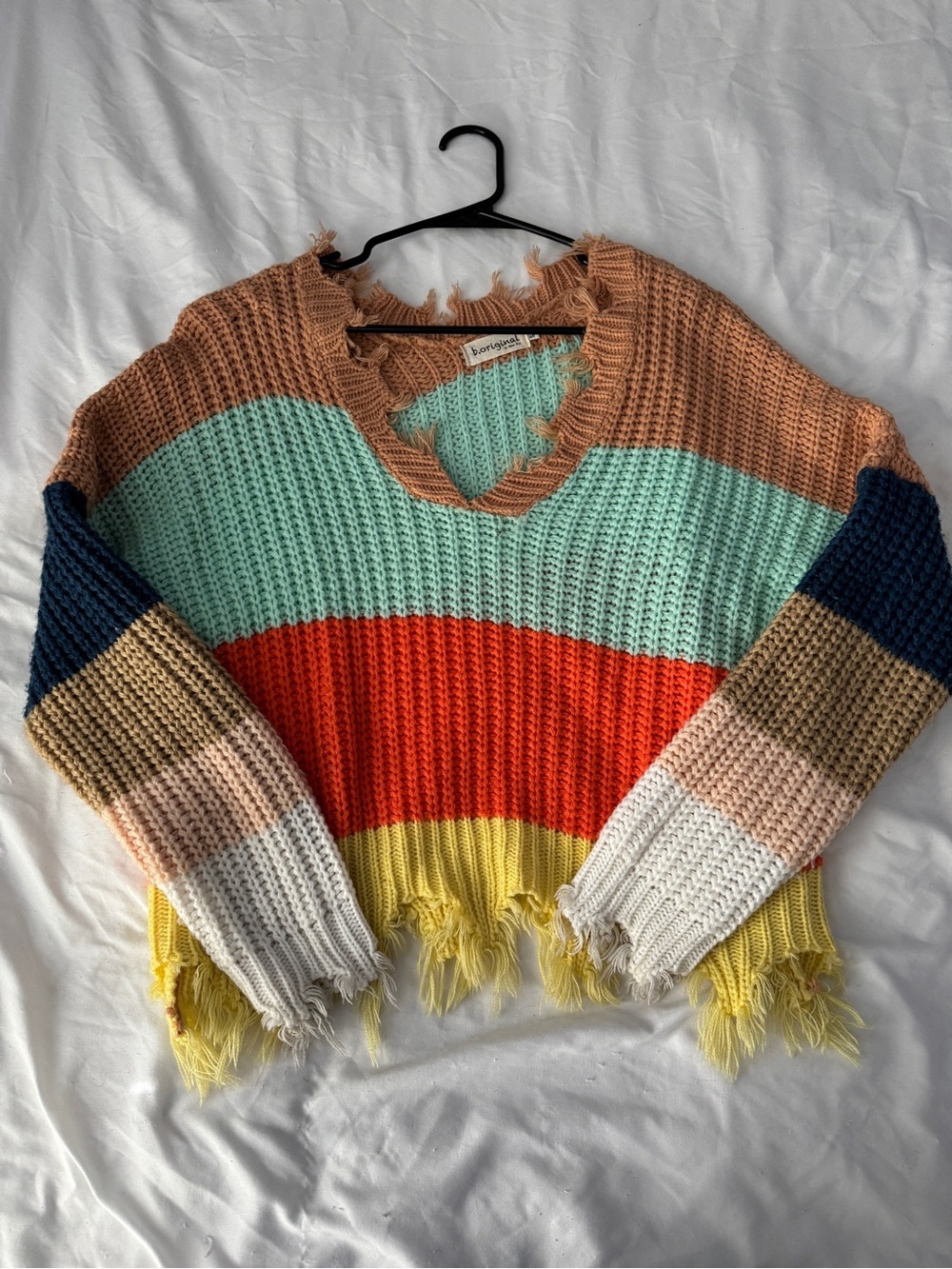b.original by Shoe Fly Distressed Striped Knit Chunky Sweater Pastel S/M